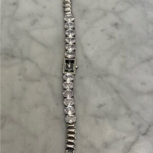 Silver-Tone Black Dial Crystal Tennis Watch Bracelet